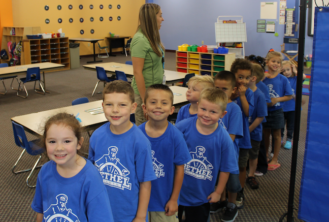 Lab-k program kindergartners sport their Bethel College pride for an event on campus.