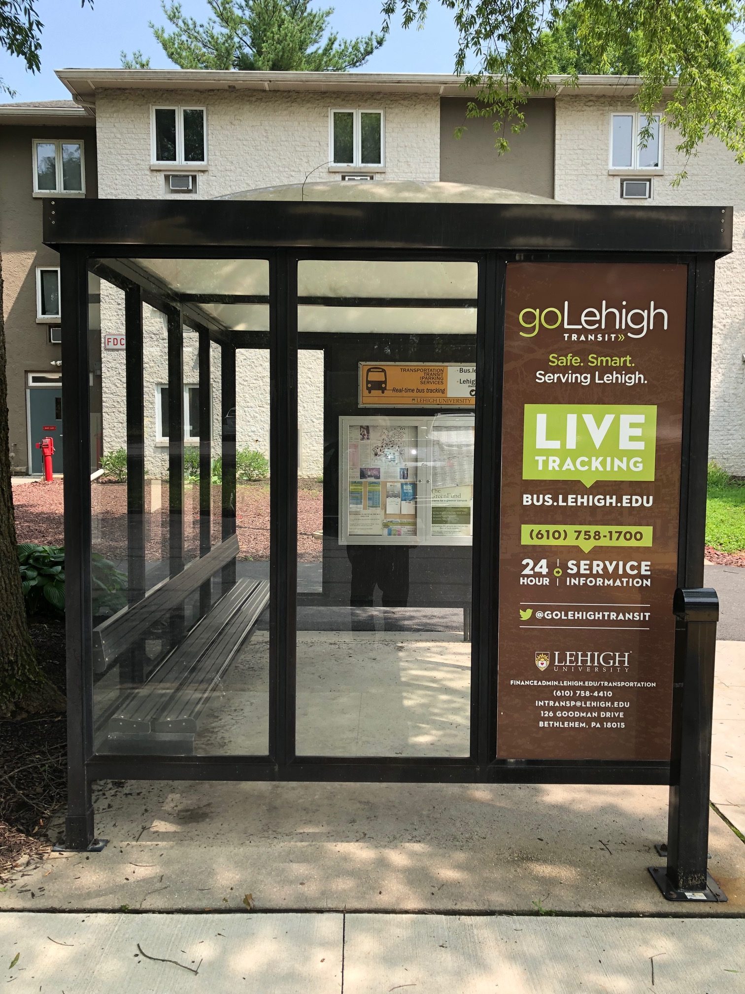 LOCATION DETECTION—With the LehighU Live app, Lehigh University community members can find the closest shuttle bus and track it in real time. Lehigh Transportation Services runs three bus routes and promotes the app on its shuttles and bus shelters.
