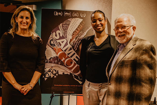 A PREMIERE PAUSE—Director and Wheaton alumna Linda Midgett, University of Virginia professor Larycia Hawkins and John D. Loeks, owner Celebration Cinemas, pose at the Michigan premiere of the film in 2018. It’s being released in theaters this February.