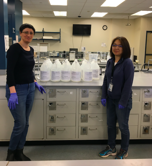 Postdoctoral student Shabnam Davoodi and research scientist Xinxin Yang helped their colleague Peter Tonge is his effort to donate lab-created hand sanitizer to Stony Brook University Hospital and Long Island State Veteran’s Home.