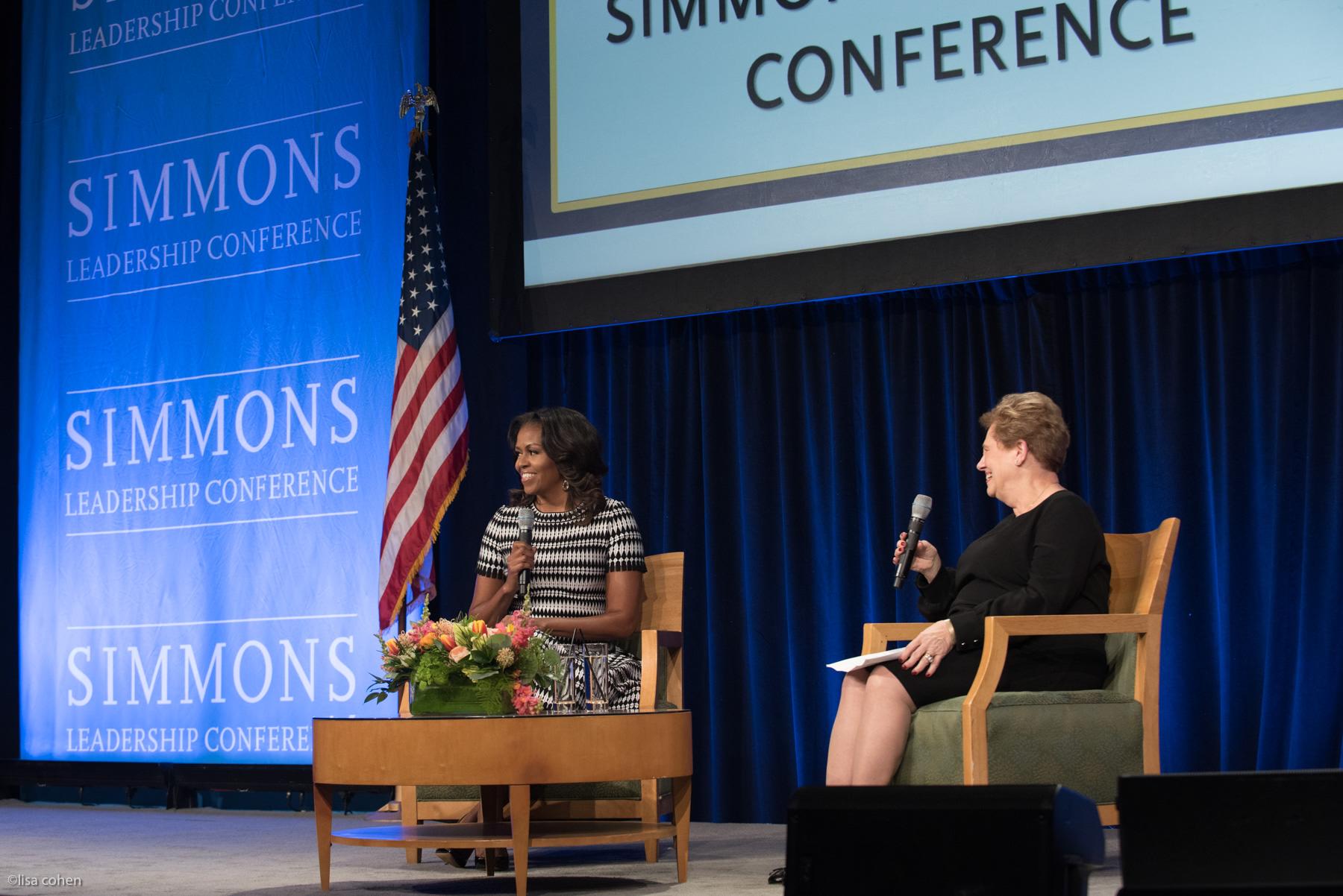 Former First Lady Michelle Obama, a notable speaker at the 2018 Simmons Leadership Conference, spoke with Simmons University President Helen Drinan on stage. Photo: Lisa Cohen