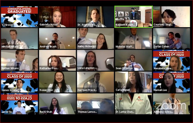 Graduates of the Renaissance School of Medicine at Stony Brook University—some of whom will begin treating coronavirus patients—recite the Hippocratic oath during the Facebook Live convocation ceremony on April 8.