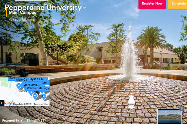 Pepperdine University's virtual campus tour features 360-degree photos, one feature of top-tier tours.