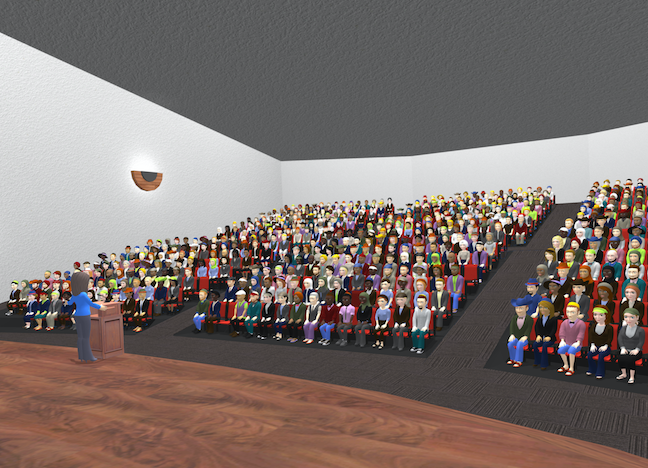 A class take place in a lecture hall in virBELA's virtual college campus.