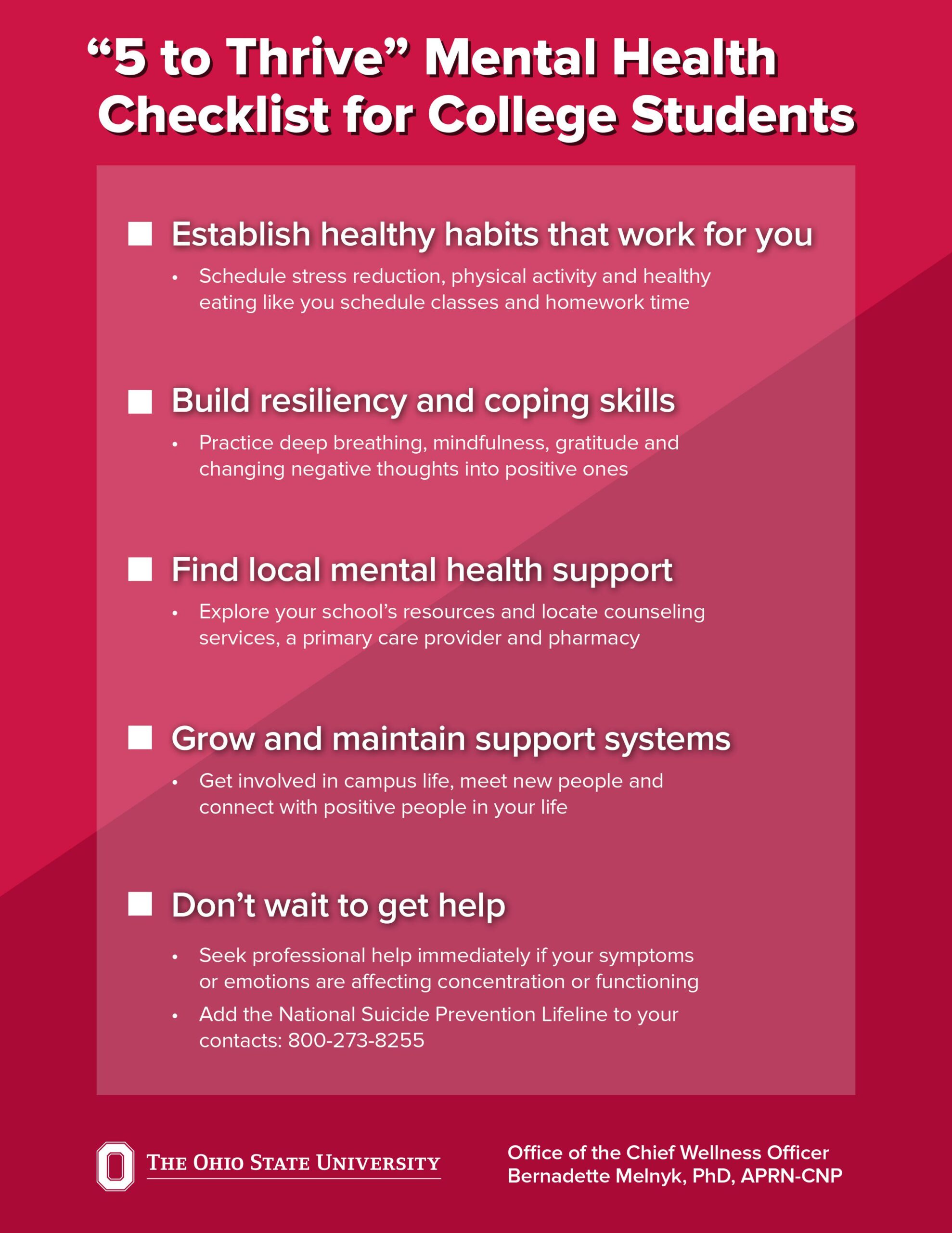 Ohio State's “5 to Thrive” mental health checklist. (Click to enlarge)