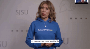 An AI replica of San Jose State University President Cynthia Teniente-Matson wears a blue hoodie.