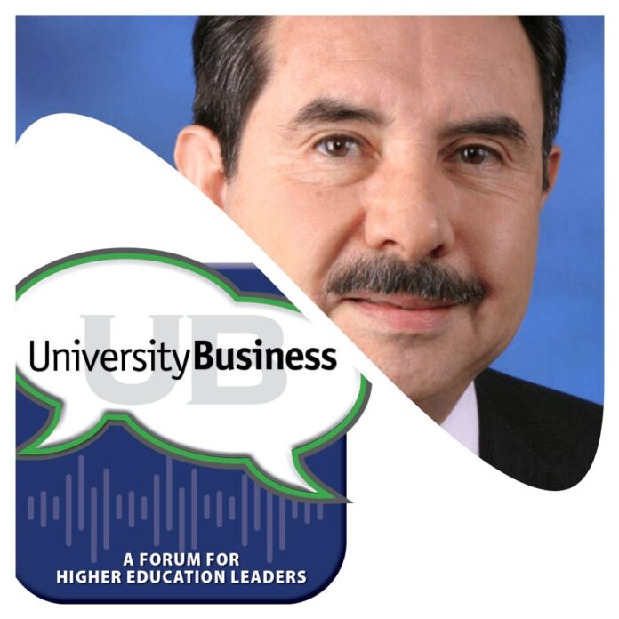 A logo of the University Business Podcast featuring Dr. Antonio Flores, president and chief executive officer of the Hispanic Association of Colleges and Universities (HACU)